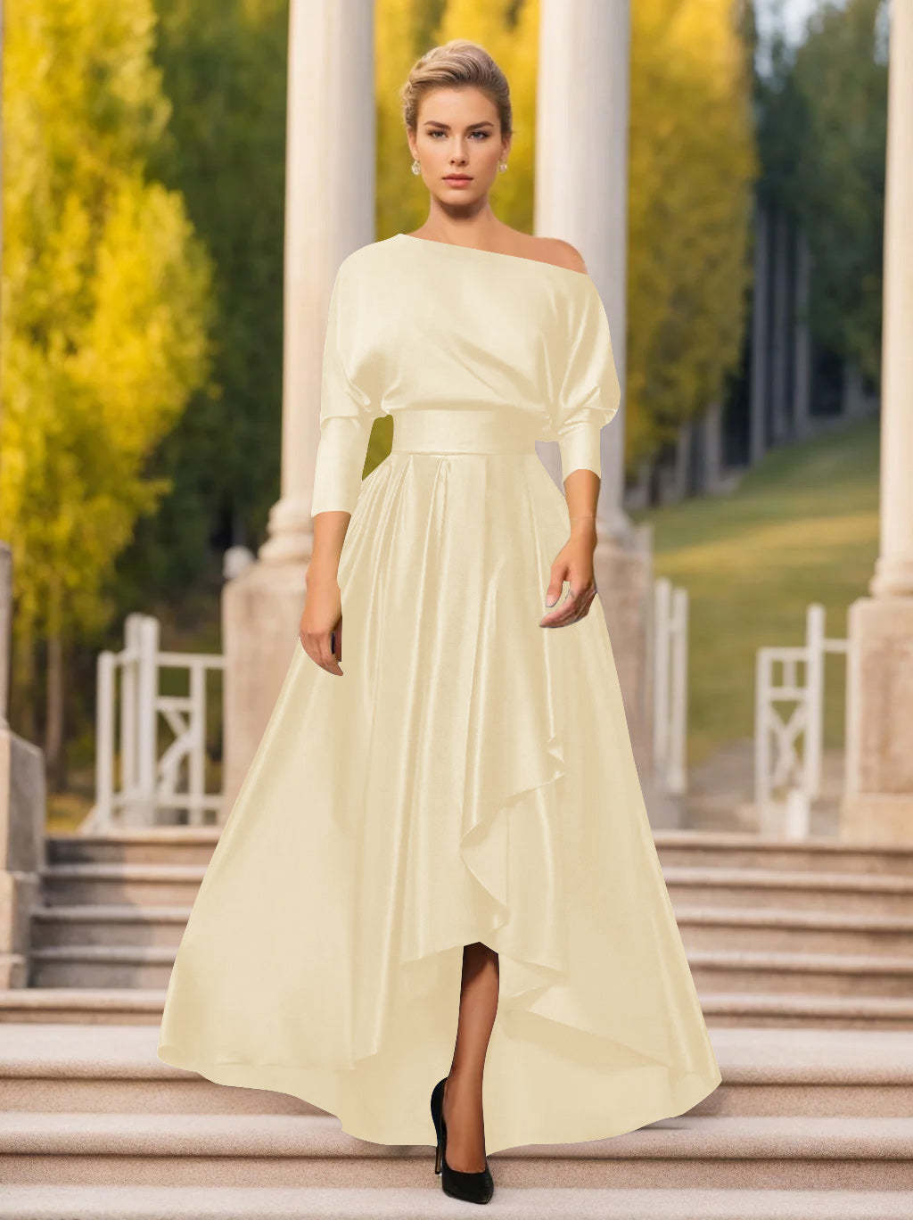 One-Shoulder A-Line Princess Dress with 3/4 Sleeves for Mothers of the Bride & Groom-BMbridal