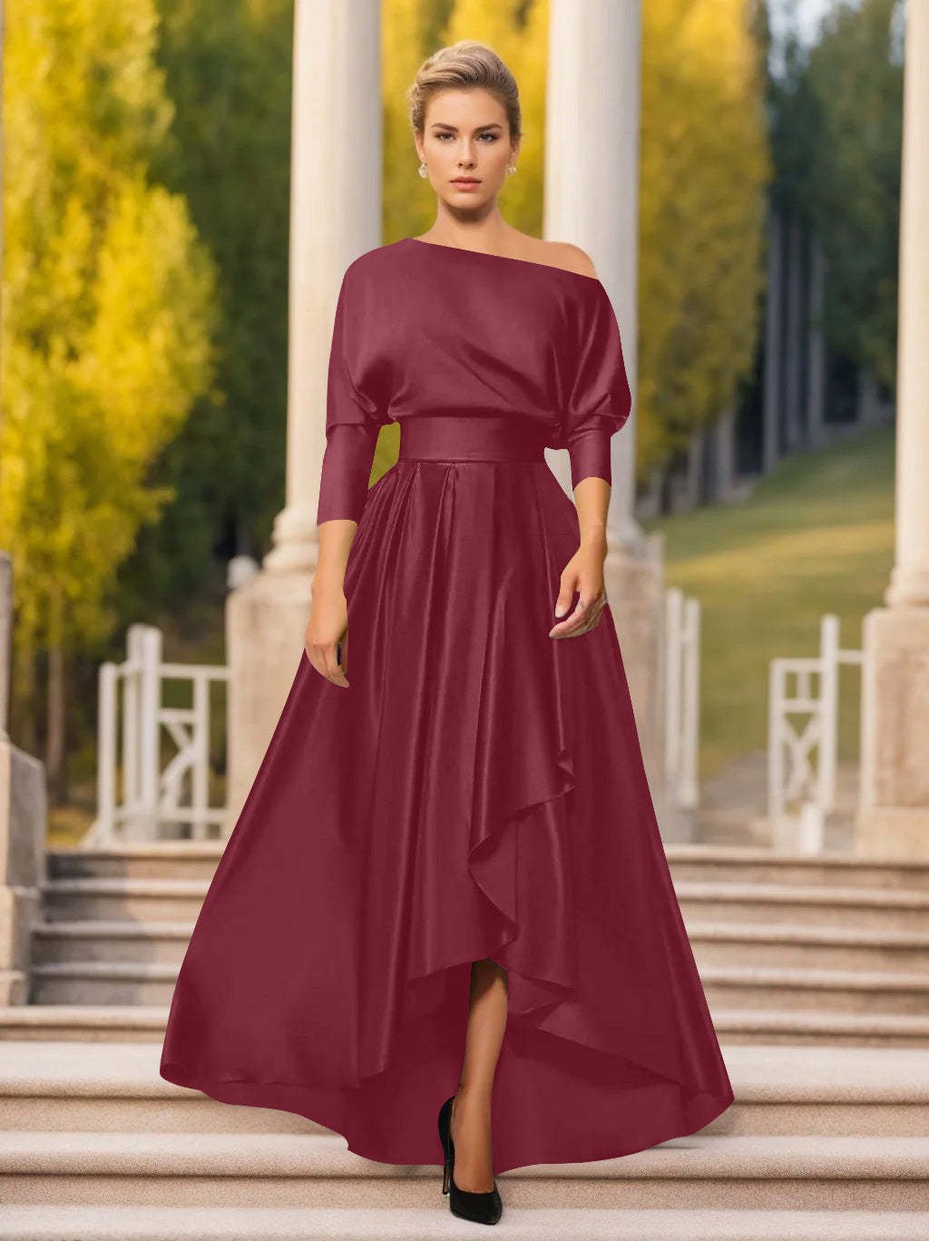 One-Shoulder A-Line Princess Dress with 3/4 Sleeves for Mothers of the Bride & Groom-BMbridal