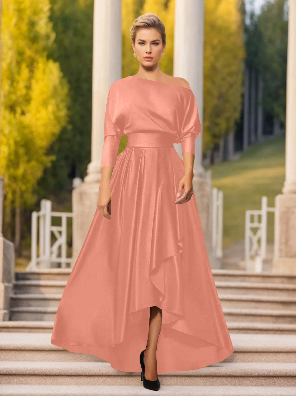 One-Shoulder A-Line Princess Dress with 3/4 Sleeves for Mothers of the Bride & Groom-BMbridal