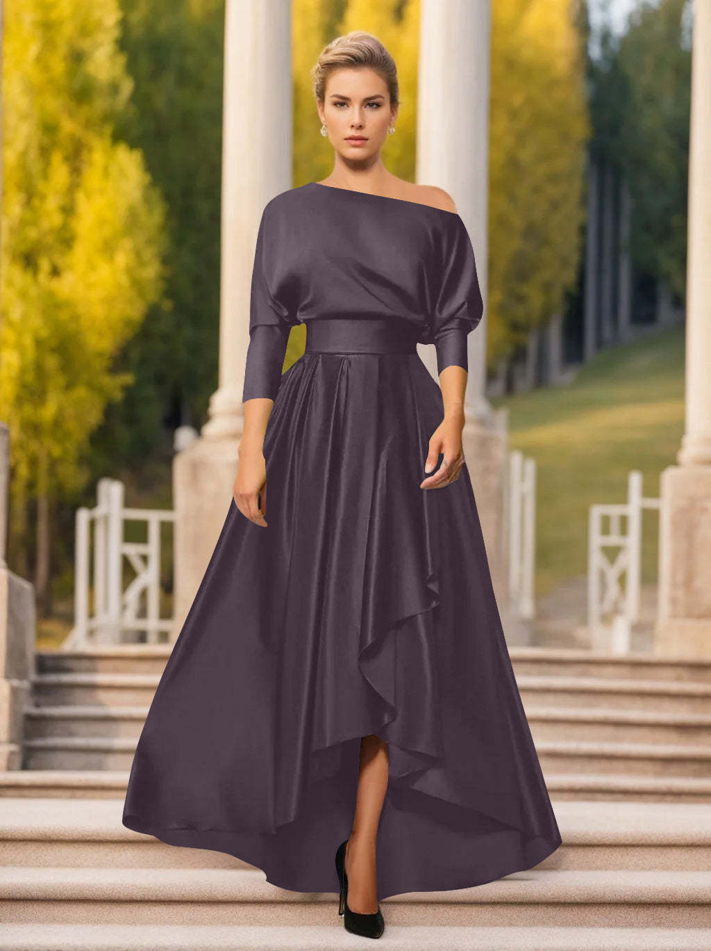 One-Shoulder A-Line Princess Dress with 3/4 Sleeves for Mothers of the Bride & Groom-BMbridal
