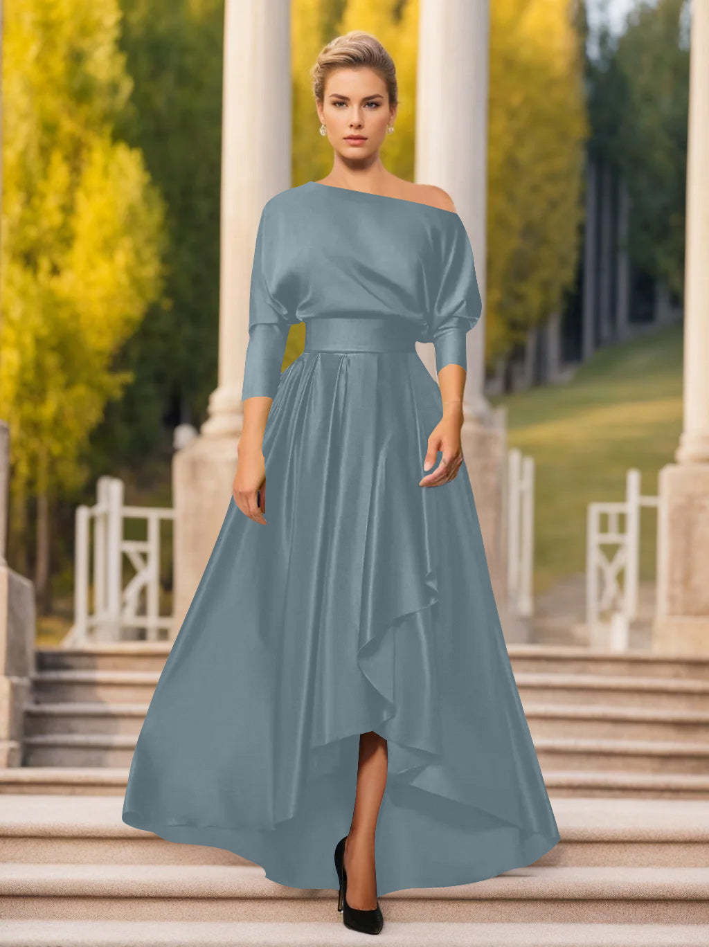 One-Shoulder A-Line Princess Dress with 3/4 Sleeves for Mothers of the Bride & Groom-BMbridal