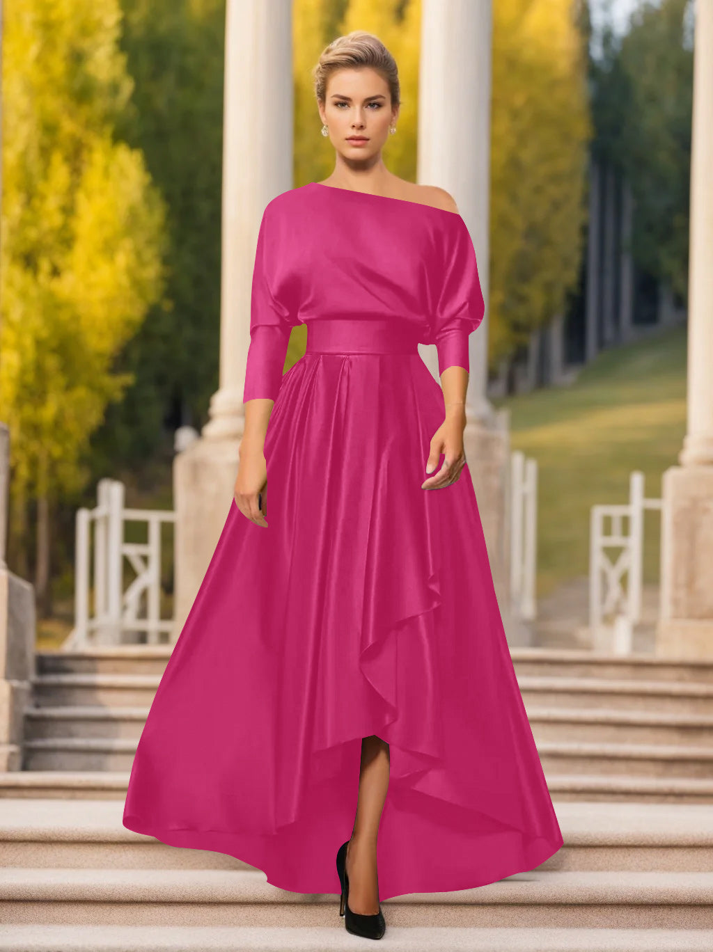 One-Shoulder A-Line Princess Dress with 3/4 Sleeves for Mothers of the Bride & Groom-BMbridal