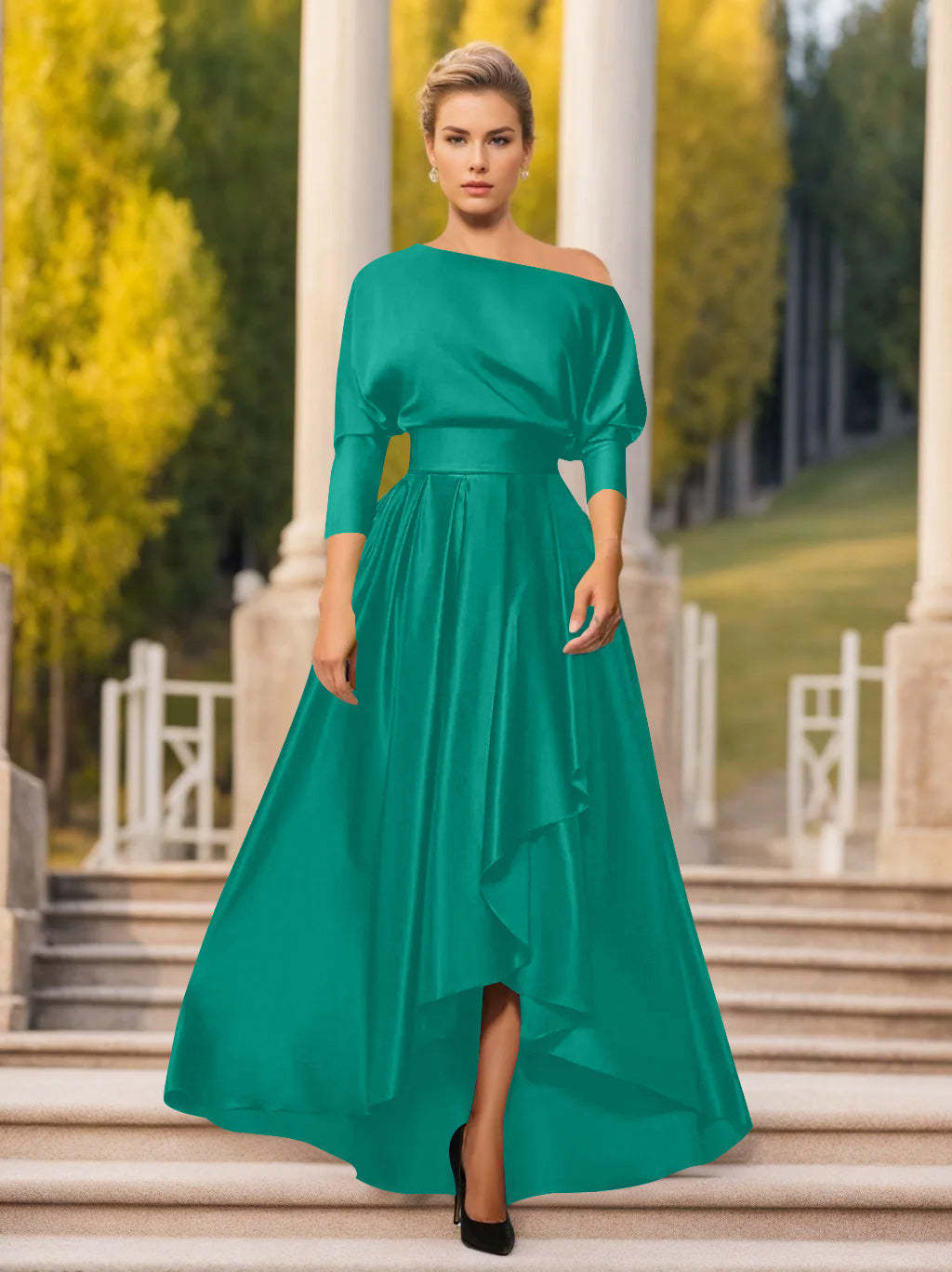 One-Shoulder A-Line Princess Dress with 3/4 Sleeves for Mothers of the Bride & Groom-BMbridal