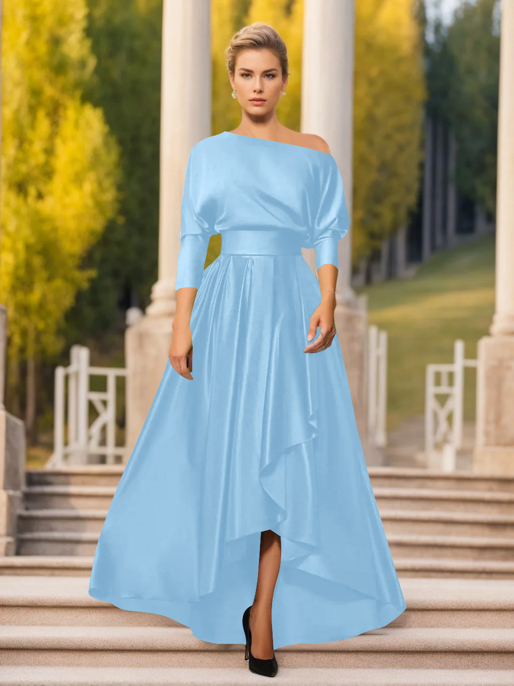 One-Shoulder A-Line Princess Dress with 3/4 Sleeves for Mothers of the Bride & Groom-BMbridal