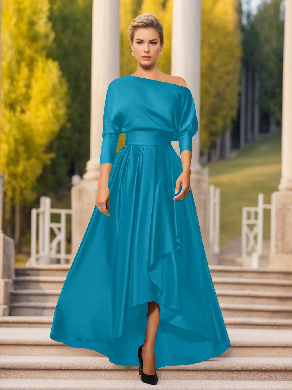 One-Shoulder A-Line Princess Dress with 3/4 Sleeves for Mothers of the Bride & Groom-BMbridal