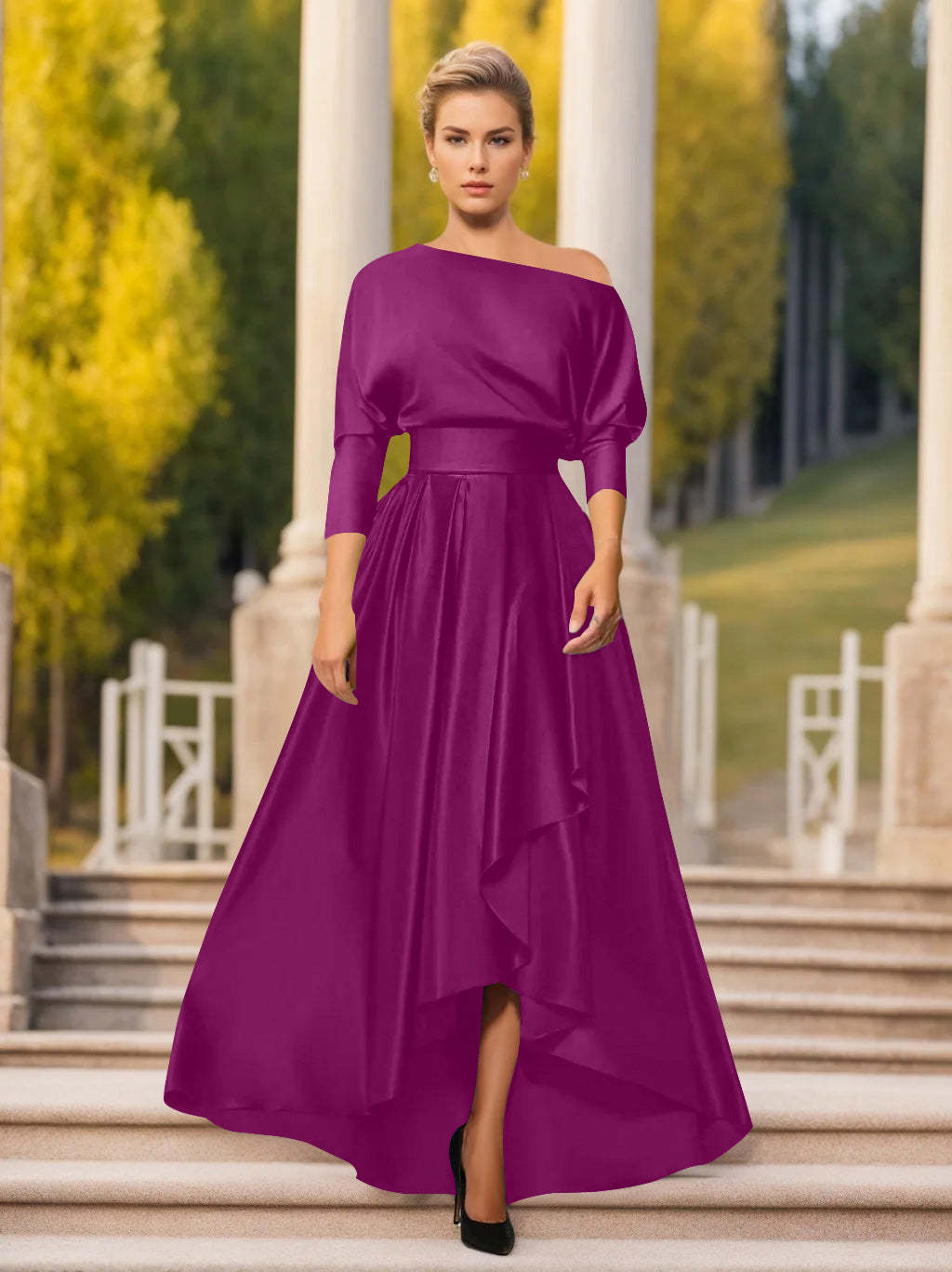 One-Shoulder A-Line Princess Dress with 3/4 Sleeves for Mothers of the Bride & Groom-BMbridal