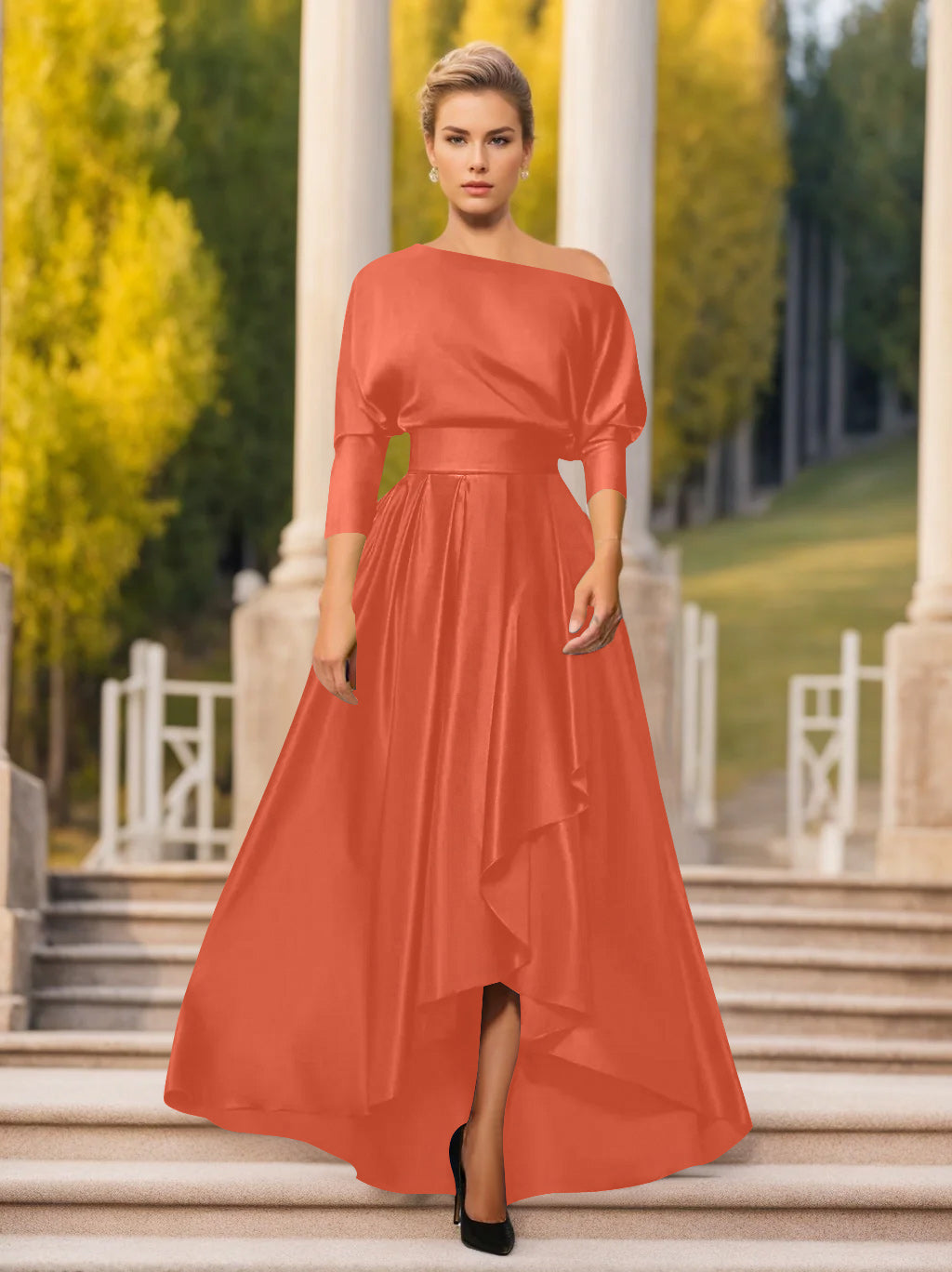 One-Shoulder A-Line Princess Dress with 3/4 Sleeves for Mothers of the Bride & Groom-BMbridal