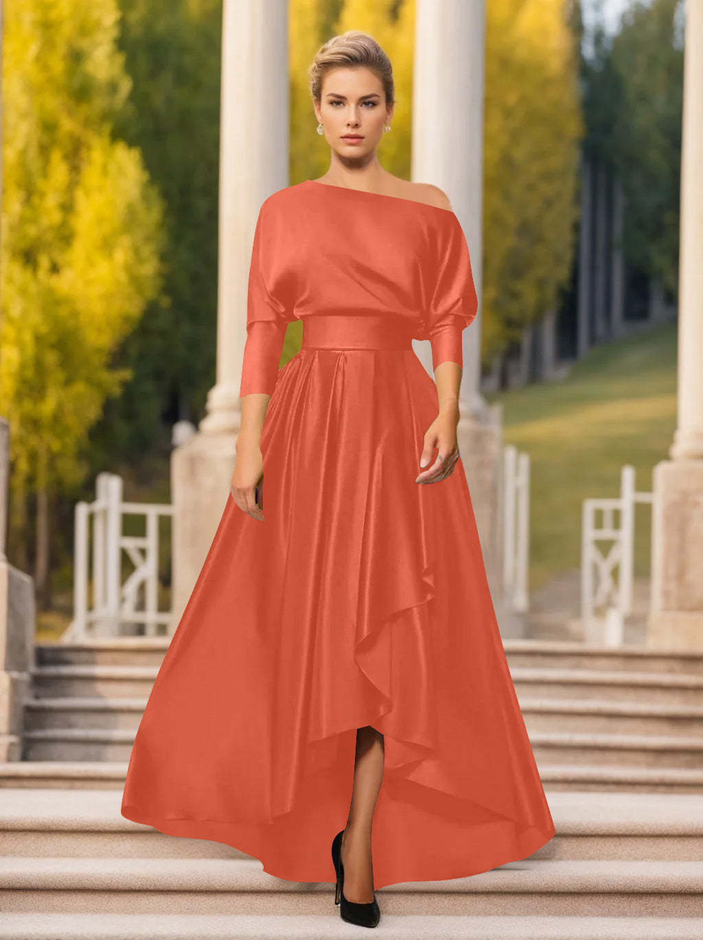 One-Shoulder A-Line Princess Dress with 3/4 Sleeves for Mothers of the Bride & Groom-BMbridal