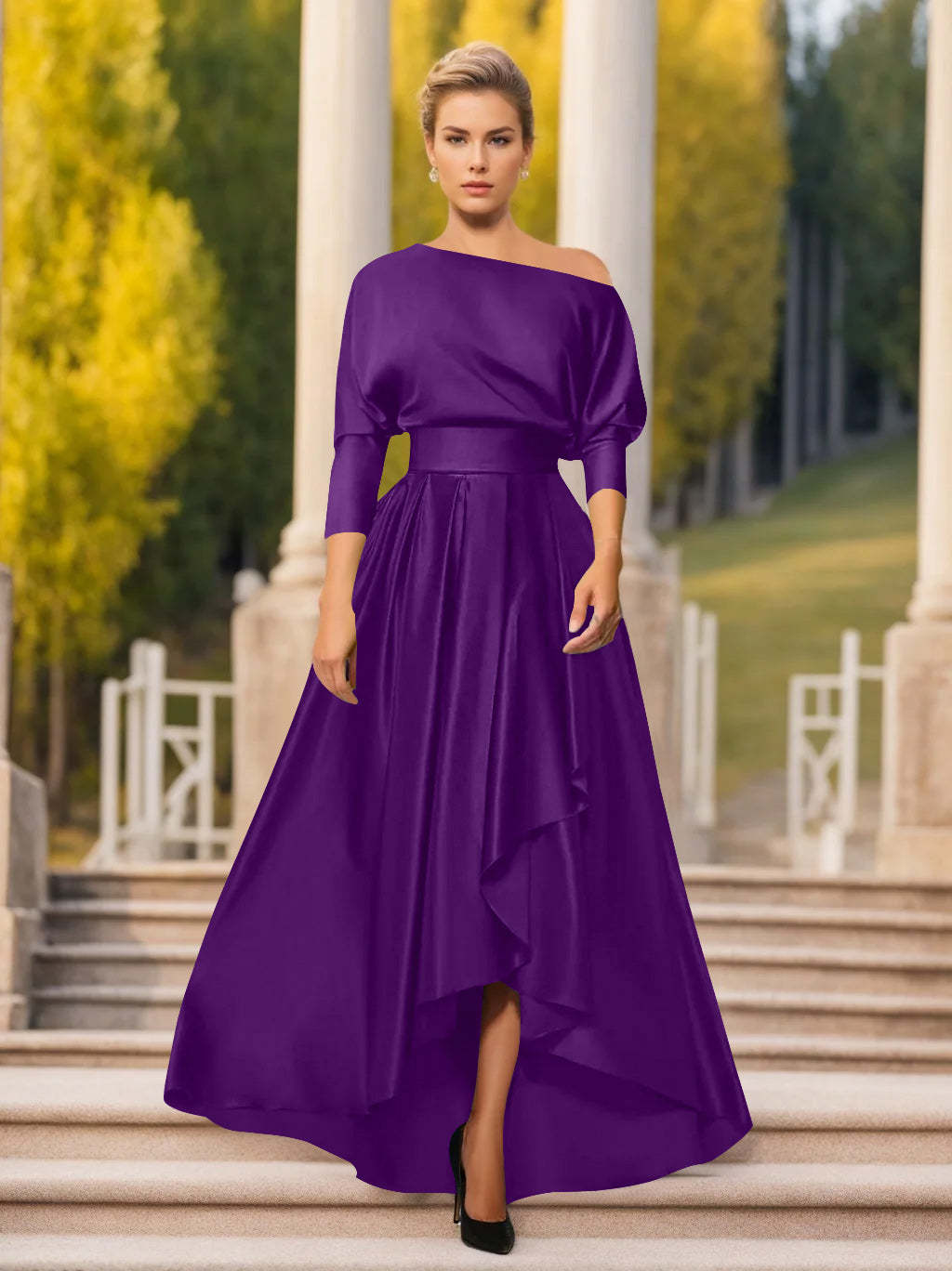 One-Shoulder A-Line Princess Dress with 3/4 Sleeves for Mothers of the Bride & Groom-BMbridal