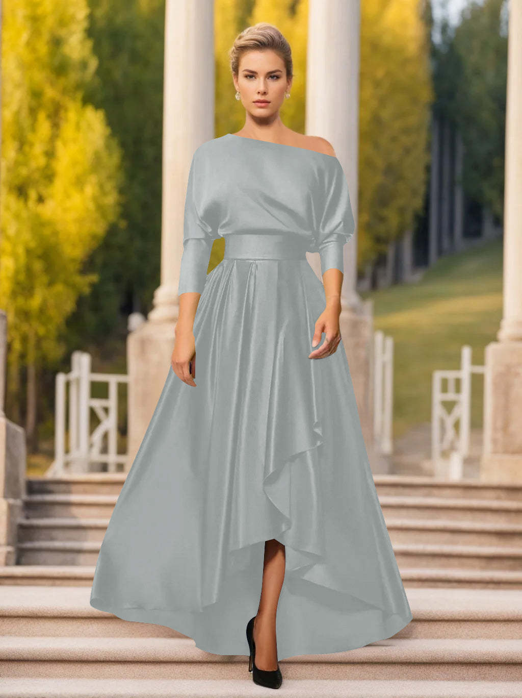 One-Shoulder A-Line Princess Dress with 3/4 Sleeves for Mothers of the Bride & Groom-BMbridal