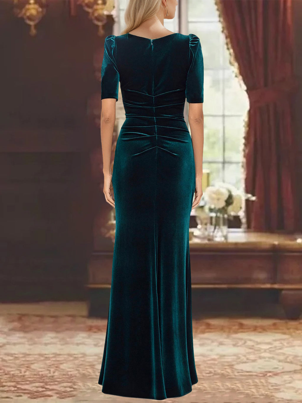 Ankle-Length A-Line Princess Scoop Neck Mother of the Bride Dress with Half Sleeves and Ruffles-BMbridal