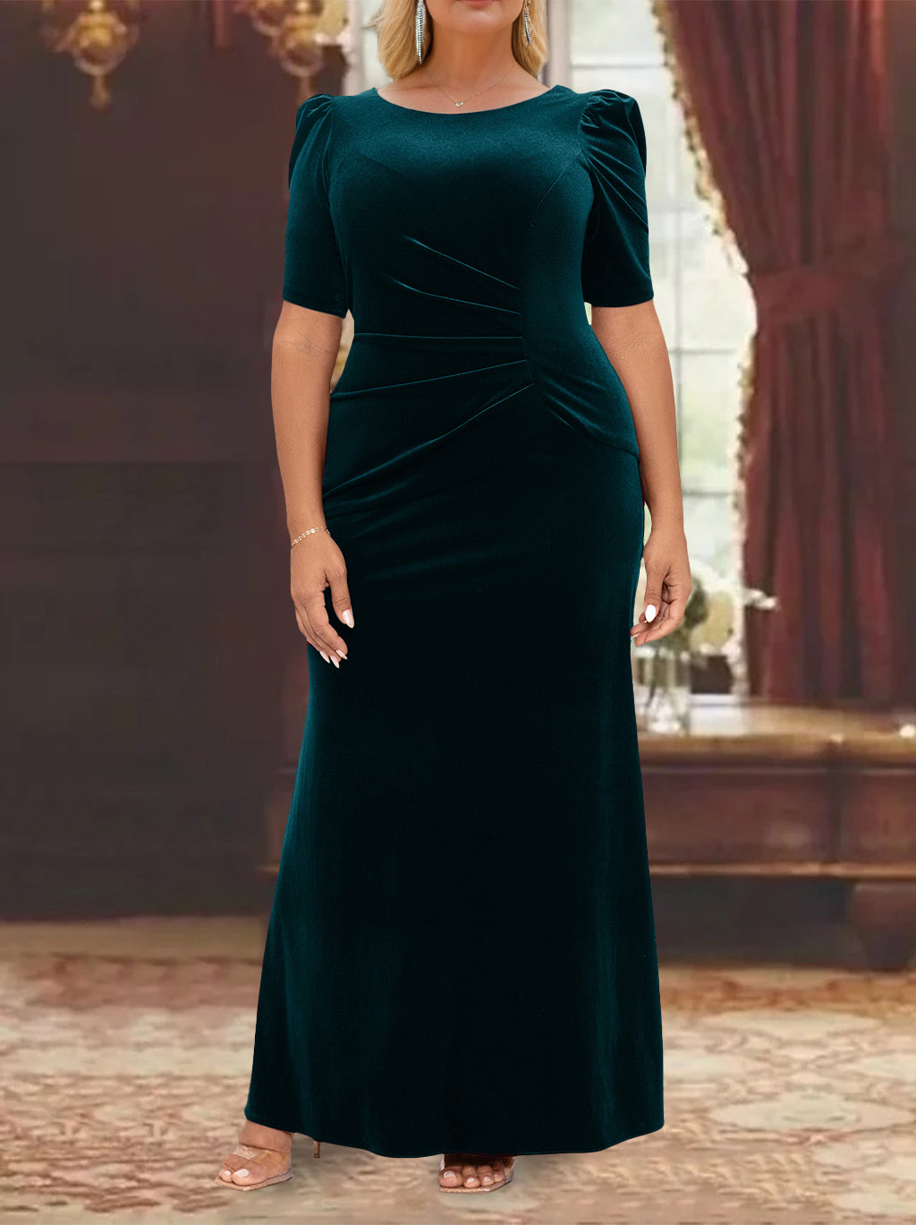 Plus Size Mother of the Bride A Line Princess Dress with Scoop Neck Half Sleeves and Ruffles