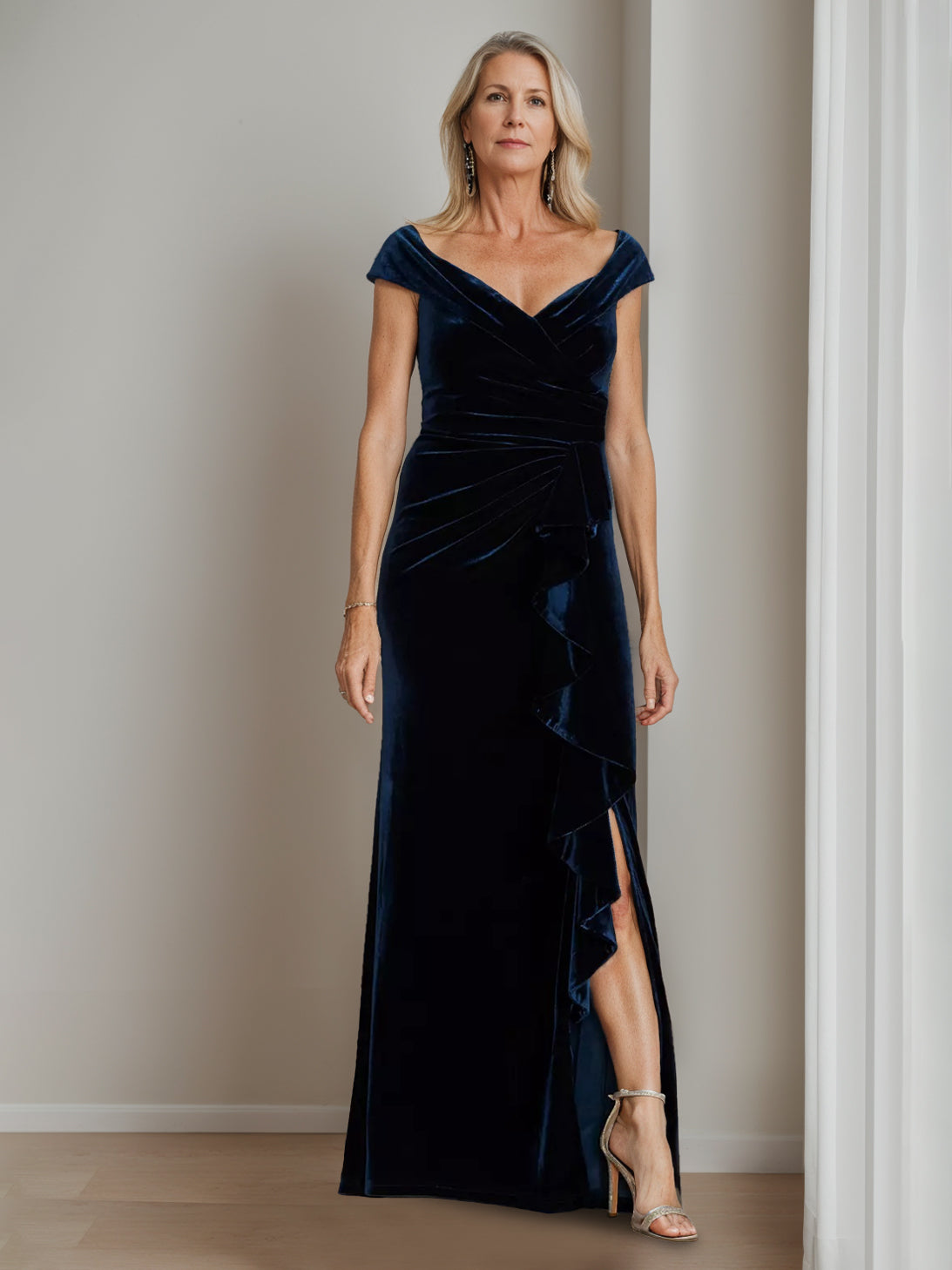 V-Neck A-Line Princess Floor-Length Velvet Mother of the Bride Dress with Side Split and Short Sleeves-BMbridal