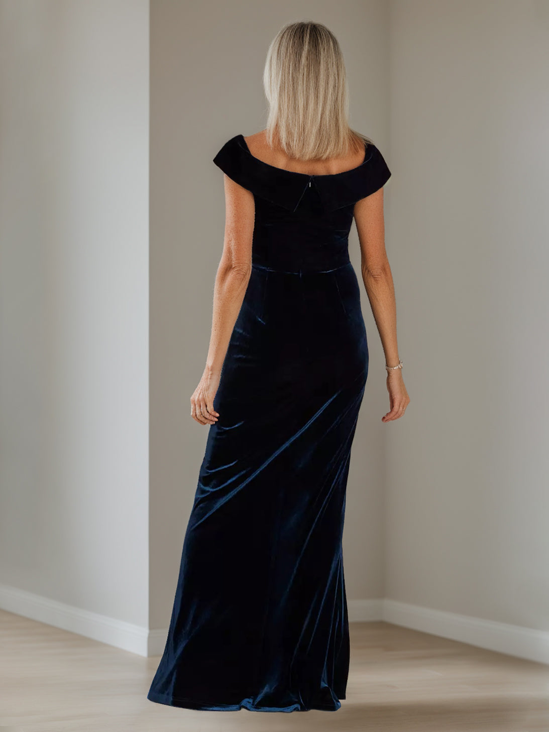 V-Neck A-Line Princess Floor-Length Velvet Mother of the Bride Dress with Side Split and Short Sleeves-BMbridal