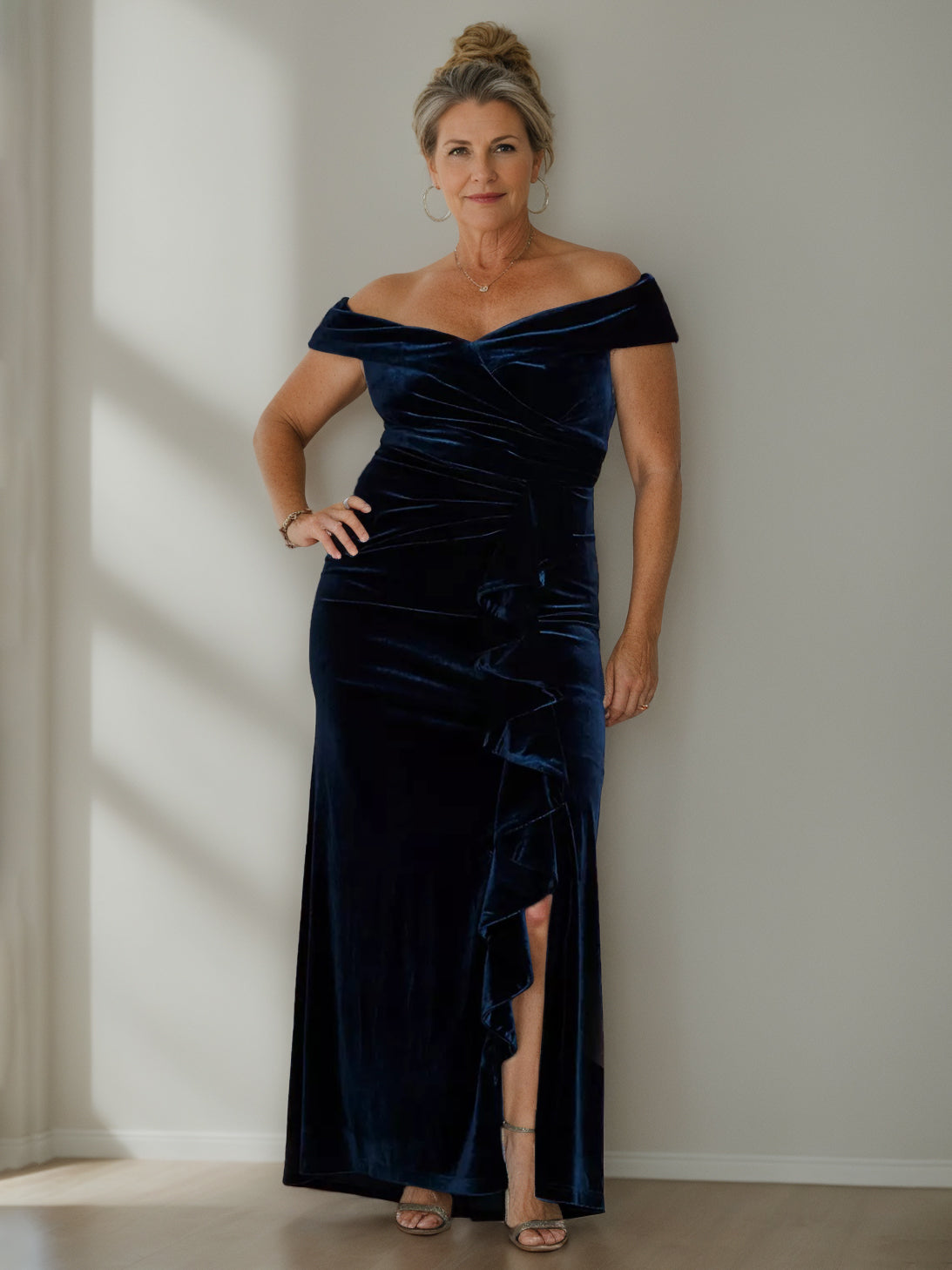 Plus Size Velvet Mother of the Bride A-Line Dress with V-Neck and Side Split-BMbridal