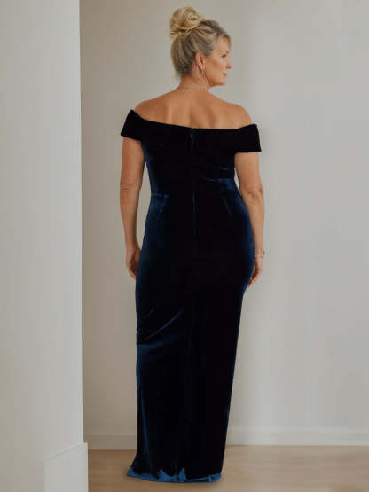 V-Neck A-Line Princess Floor-Length Velvet Mother of the Bride Dress with Side Split and Short Sleeves-BMbridal