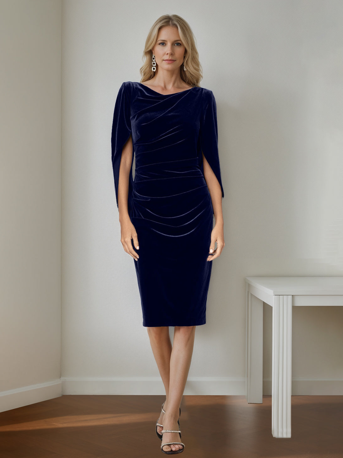 Velvet Mother of the Bride Dresses with Ruffles: A-Line Princess Scoop Half Sleeves Knee-Length-BMbridal