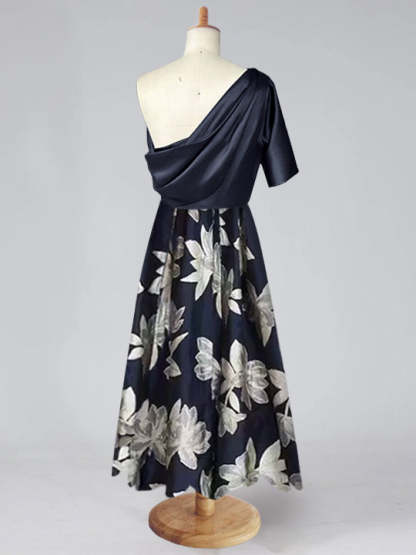Printed Floral One-Shoulder A-Line Mother of the Bride Gown-BMbridal