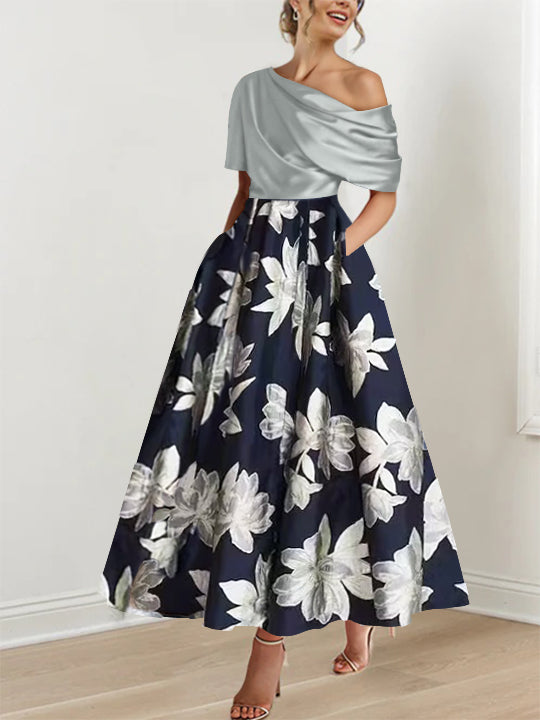 Printed Floral One-Shoulder A-Line Mother of the Bride Gown-BMbridal
