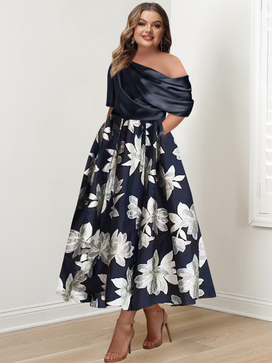 Printed Floral One-Shoulder A-Line Mother of the Bride Gown-BMbridal