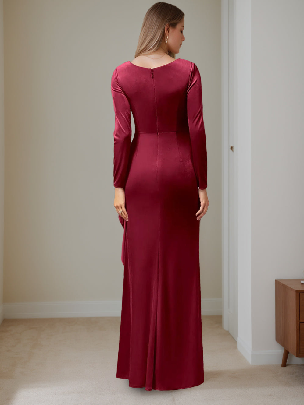V-Neck A-Line Princess Floor-Length Velvet Mother of the Bride Dress with Ruffled Long Sleeves