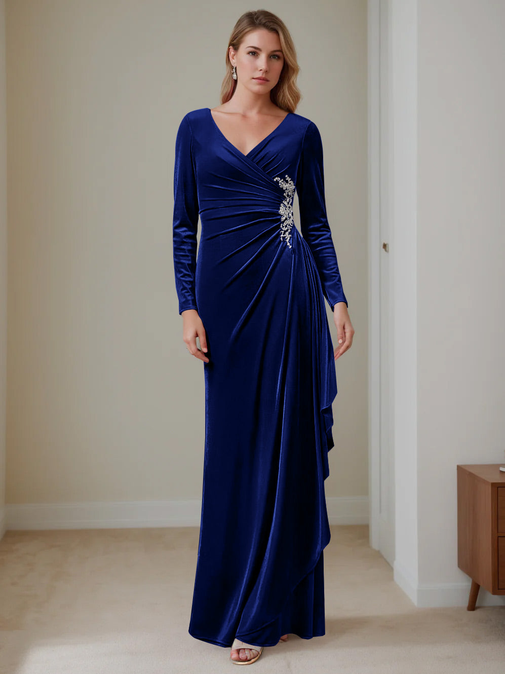V-Neck A-Line Princess Floor-Length Velvet Mother of the Bride Dress with Ruffled Long Sleeves
