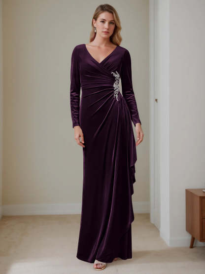 V-Neck A-Line Princess Floor-Length Velvet Mother of the Bride Dress with Ruffled Long Sleeves