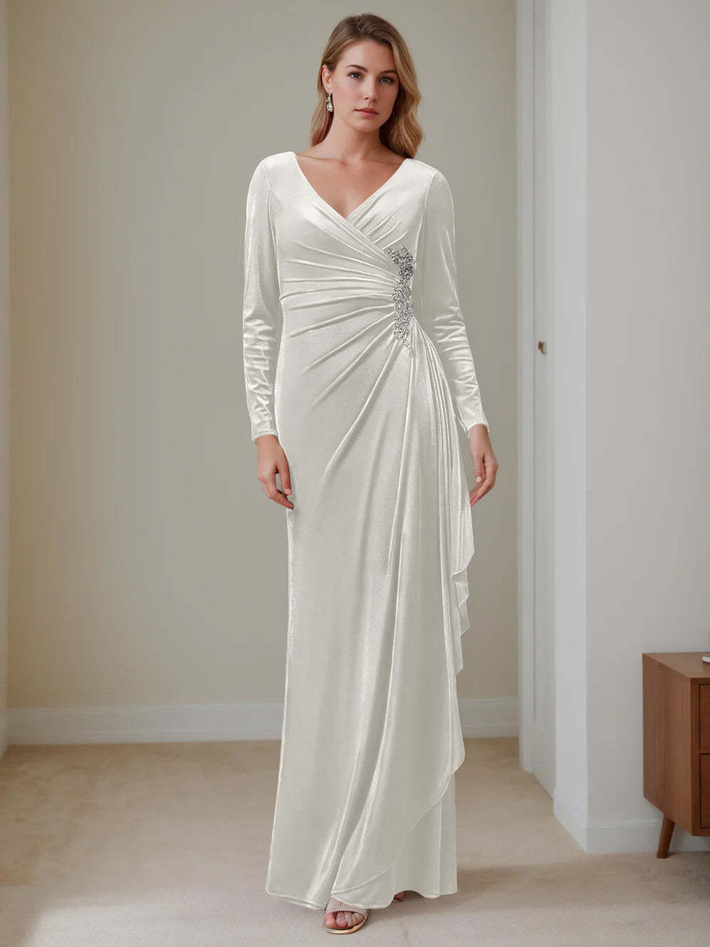 V-Neck A-Line Princess Floor-Length Velvet Mother of the Bride Dress with Ruffled Long Sleeves
