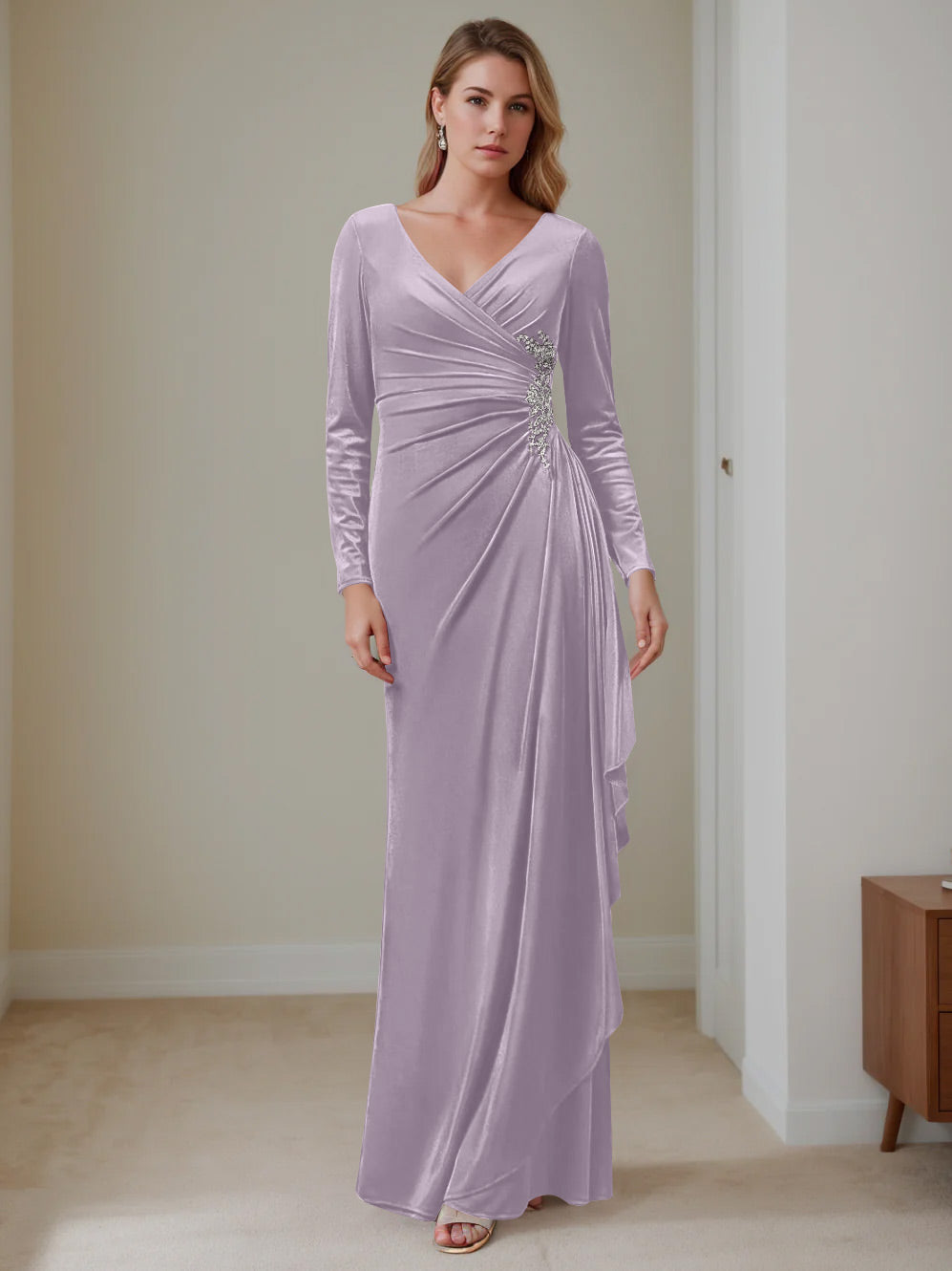 V-Neck A-Line Princess Floor-Length Velvet Mother of the Bride Dress with Ruffled Long Sleeves