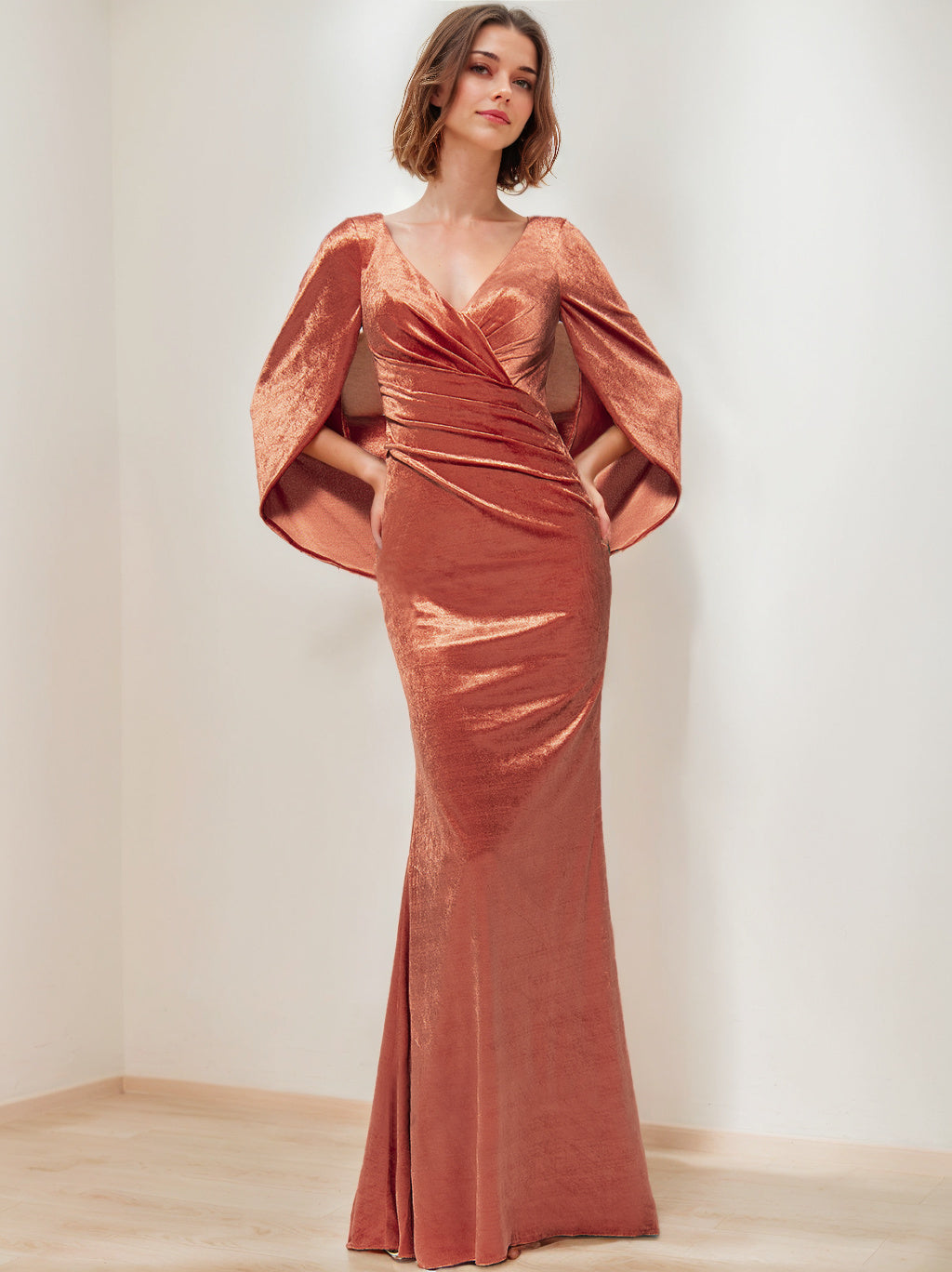 V-Neck Floor-Length Velvet Mother of the Bride Sheath Dress with Ruffled Half Sleeves-BMbridal