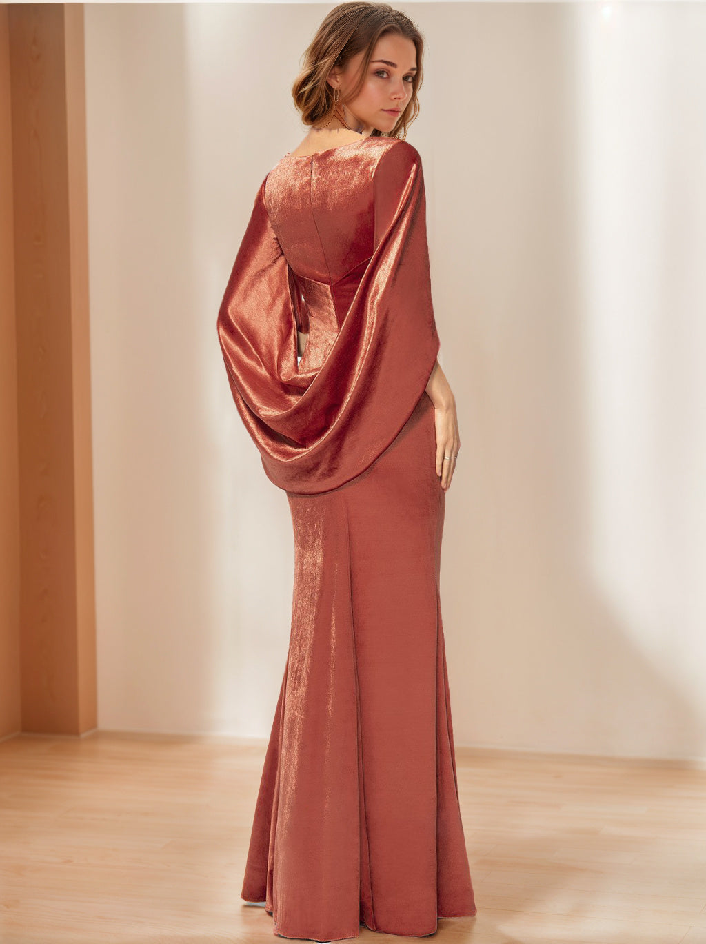 V-Neck Floor-Length Velvet Mother of the Bride Sheath Dress with Ruffled Half Sleeves-BMbridal