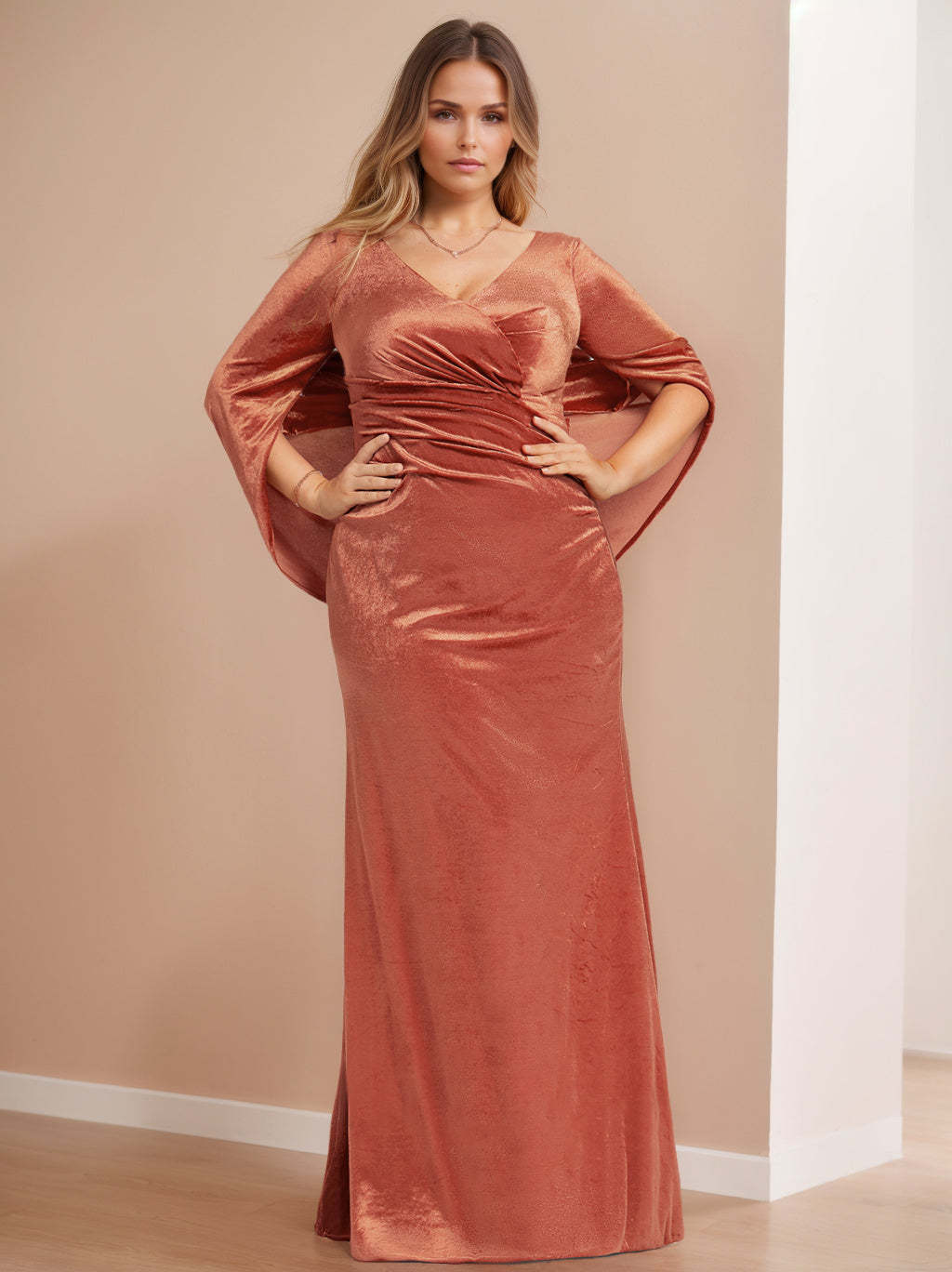 V-Neck Floor-Length Velvet Mother of the Bride Sheath Dress with Ruffled Half Sleeves-BMbridal