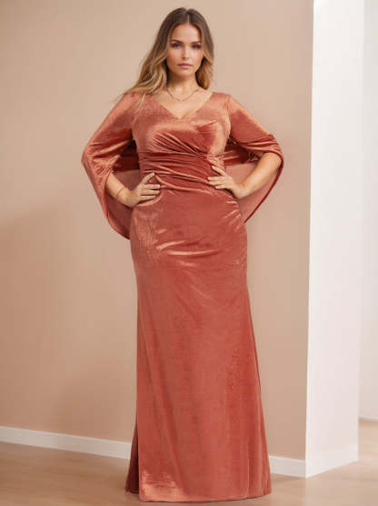V-Neck Floor-Length Velvet Mother of the Bride Sheath Dress with Ruffled Half Sleeves-BMbridal