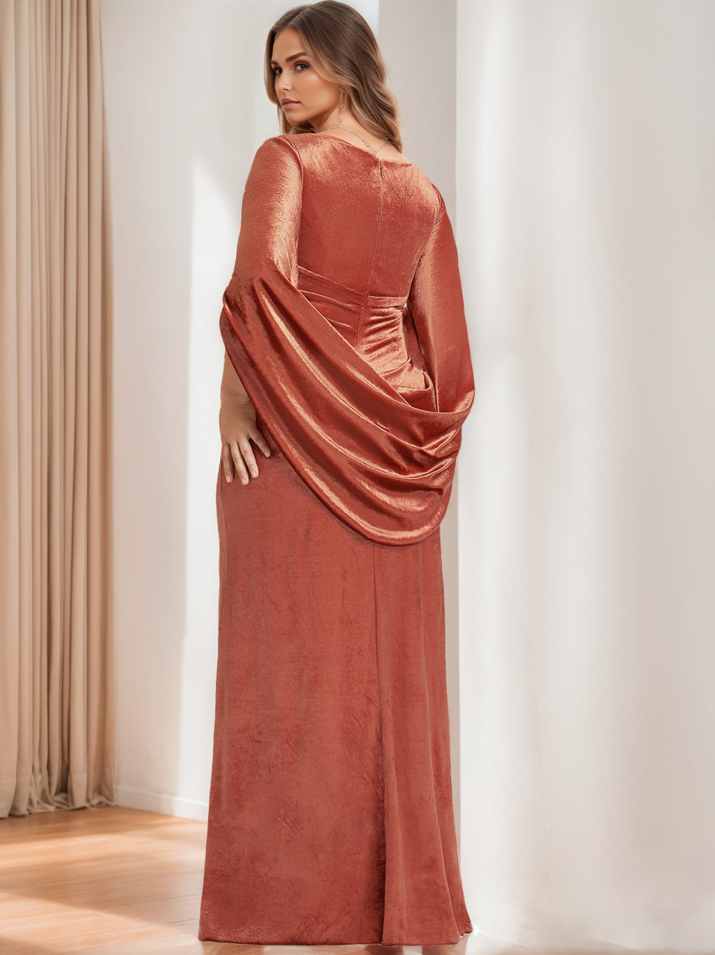 V-Neck Floor-Length Velvet Mother of the Bride Sheath Dress with Ruffled Half Sleeves-BMbridal