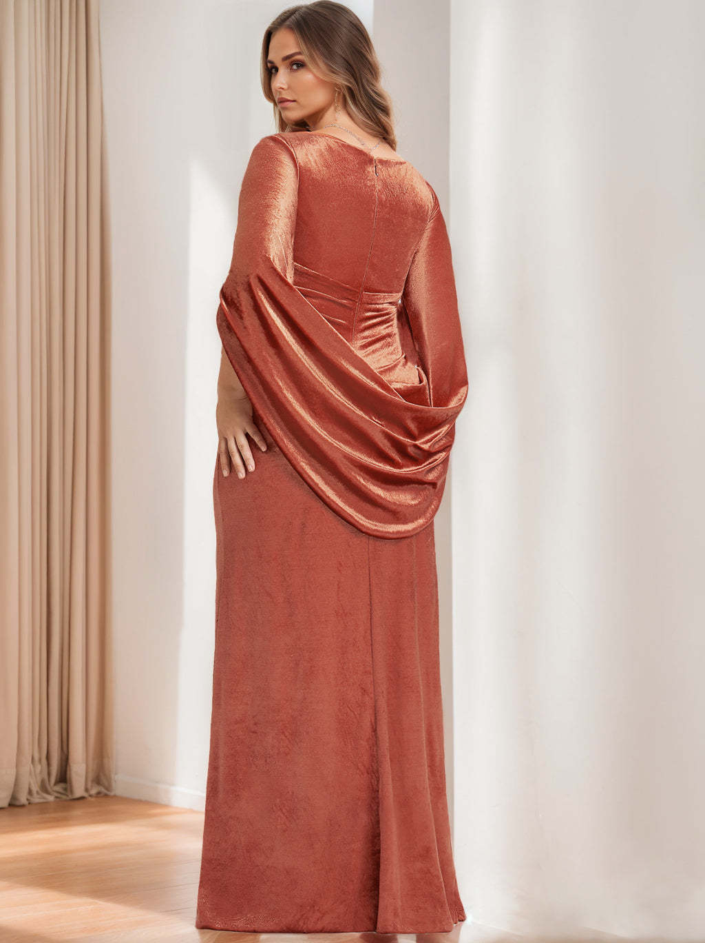 V-Neck Floor-Length Velvet Mother of the Bride Sheath Dress with Ruffled Half Sleeves-BMbridal