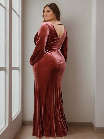 Plus Size Velvet Mother of the Bride A-Line Dress with V-Neck Long Sleeves and Ruffles