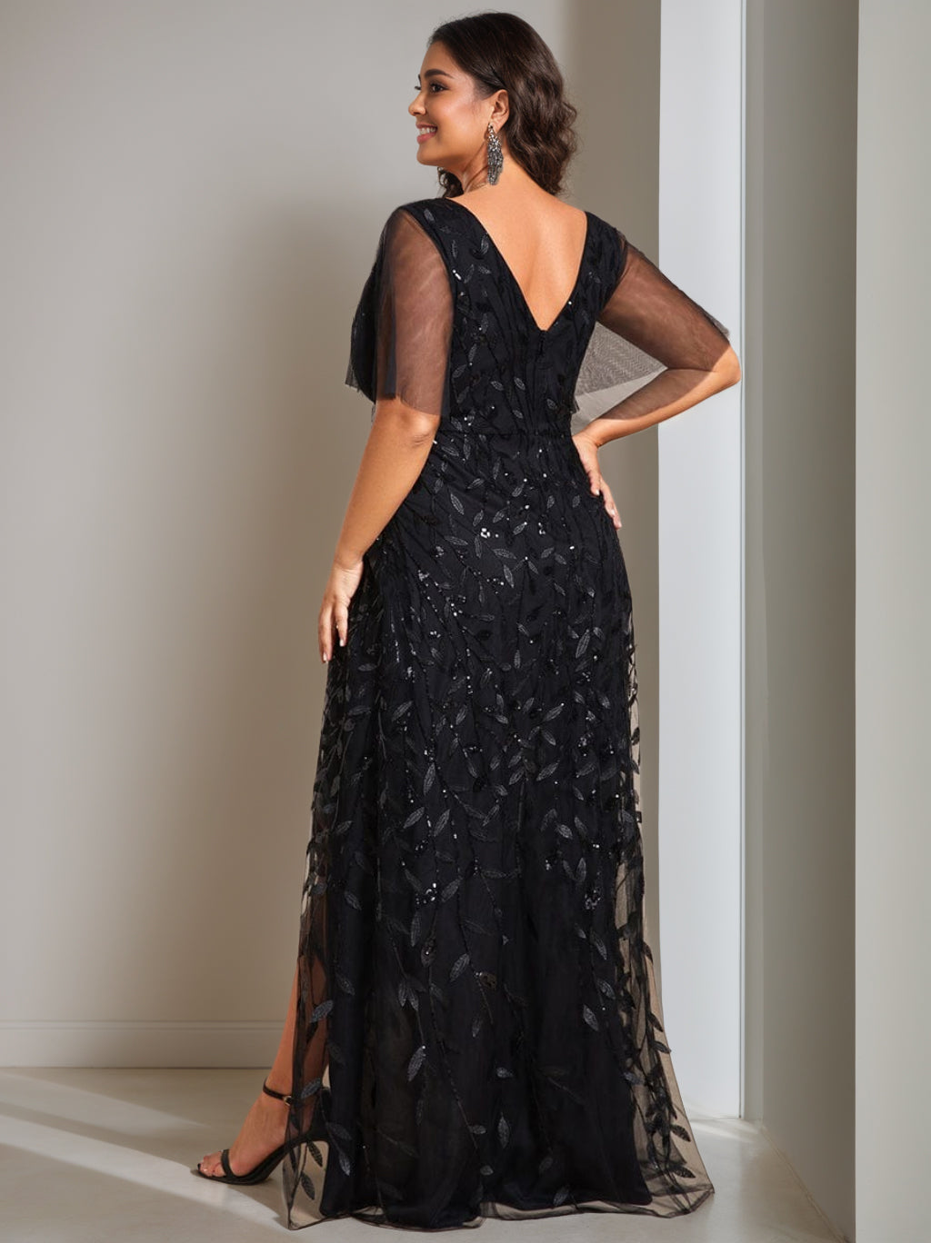 Plus Size Asymmetrical A-Line Princess V-Neck Short Sleeve Mother of the Bride Dress with Sequins-BMbridal