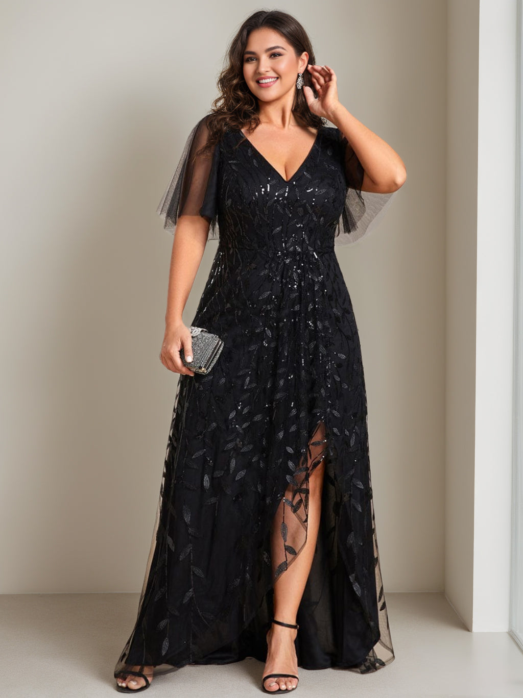 Plus Size Asymmetrical A-Line Princess V-Neck Short Sleeve Mother of the Bride Dress with Sequins-BMbridal