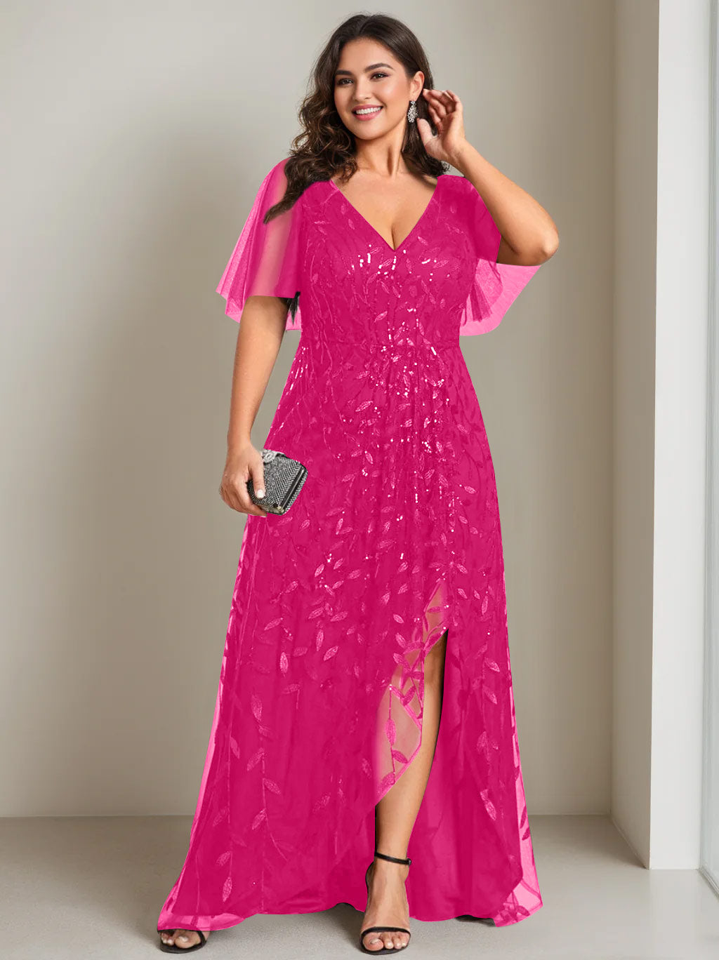Plus Size Asymmetrical A-Line Princess V-Neck Short Sleeve Mother of the Bride Dress with Sequins-BMbridal