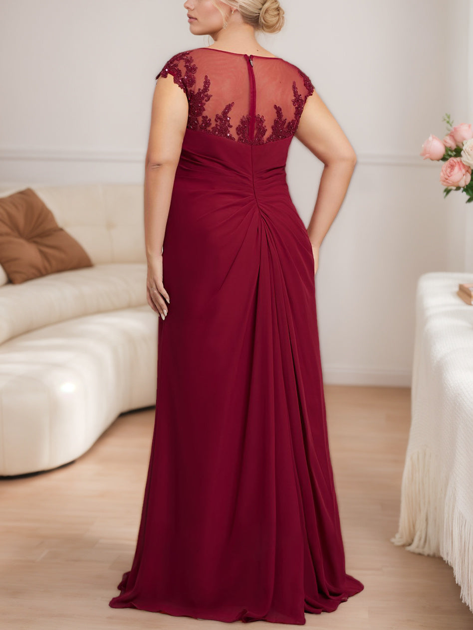 Plus Size Floor-Length Mother of the Bride A-Line Dress with Scoop Neck Cap Sleeves Beading Pleats & Sequins-BMbridal