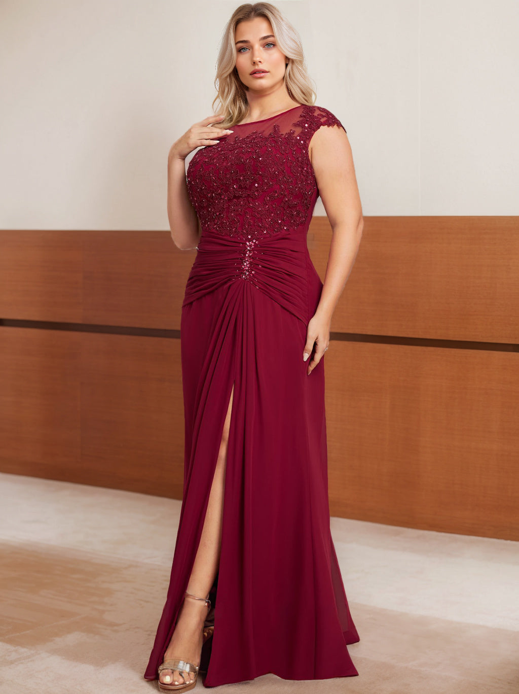 Plus Size Floor-Length Mother of the Bride A-Line Dress with Scoop Neck Cap Sleeves Beading Pleats & Sequins-BMbridal