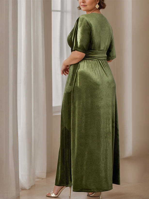 Plus Size Velvet Mother of the Bride A-Line Dress with V-Neck Half Sleeves and Ruffles-BMbridal