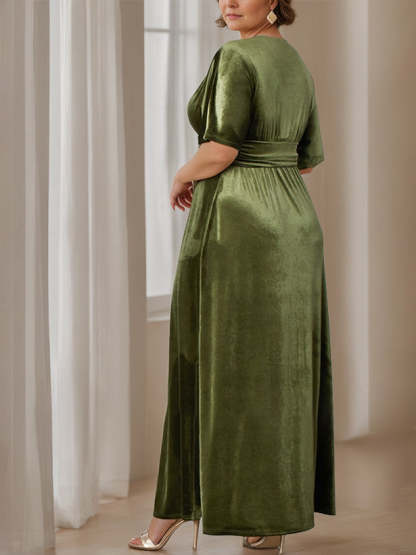 Plus Size Velvet Mother of the Bride A-Line Dress with V-Neck Half Sleeves and Ruffles-BMbridal