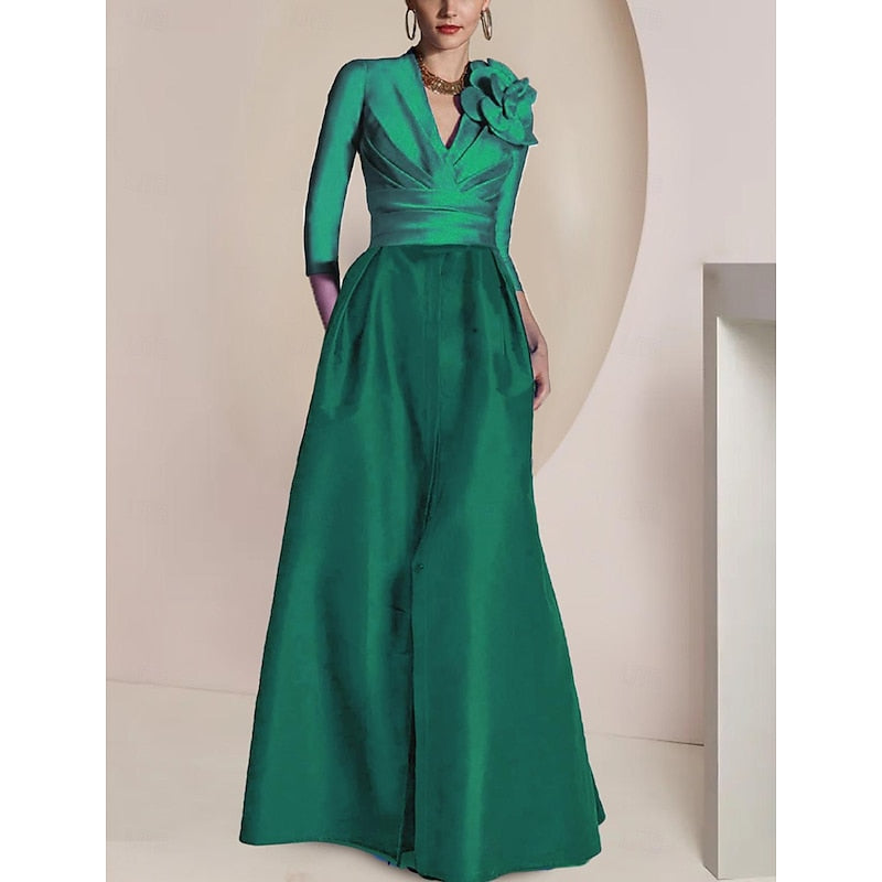Princess V-Neck Floor-Length Mother of the Bride Dress with 3/4 Sleeves Ruched Detailing Draping and a Split Front-BMbridal