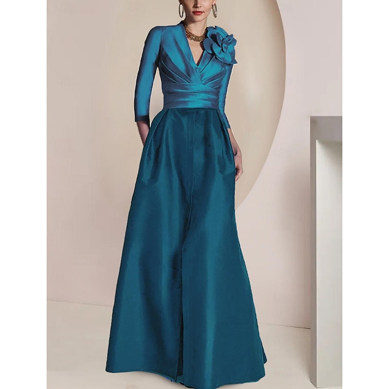Princess V-Neck Floor-Length Mother of the Bride Dress with 3/4 Sleeves Ruched Detailing Draping and a Split Front-BMbridal