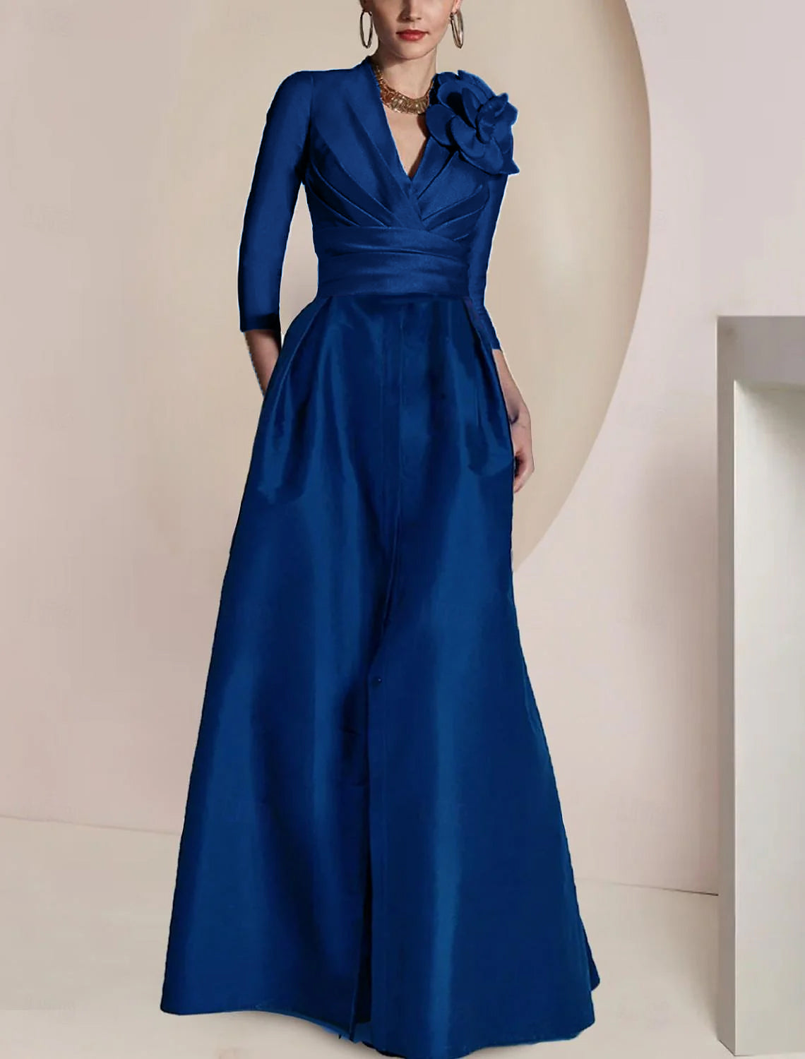 Princess V-Neck Floor-Length Mother of the Bride Dress with 3/4 Sleeves Ruched Detailing Draping and a Split Front-BMbridal