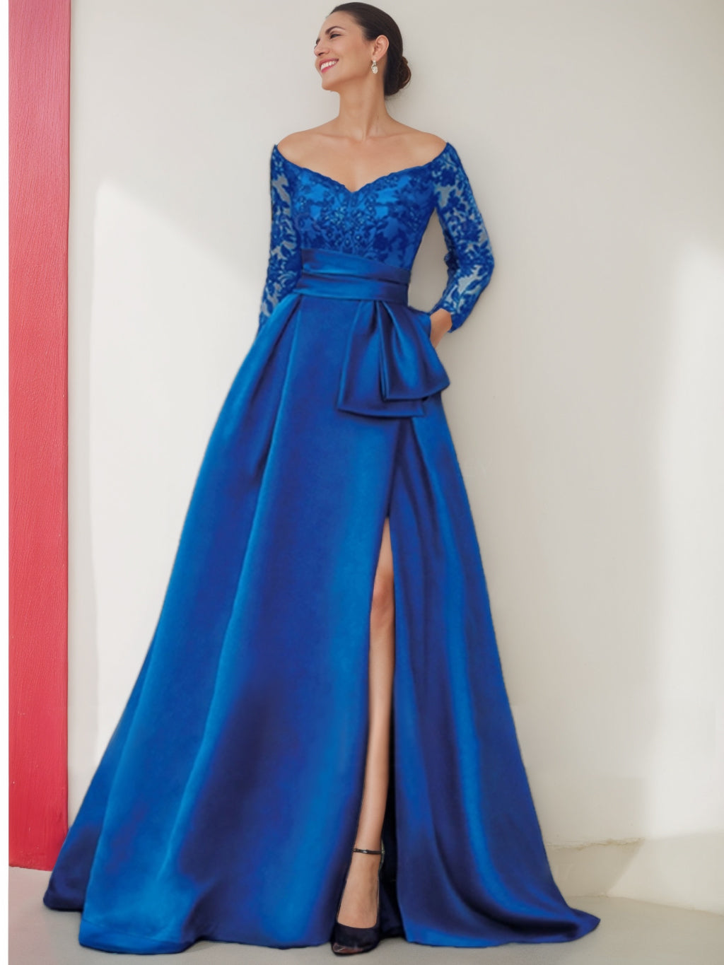 Off-the-Shoulder A-Line Floor-Length Mother of the Bride Dress with 3/4 Sleeves and Side Split-BMbridal