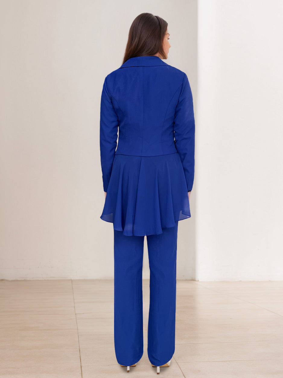 Floor-Length White V-Neck Pantsuit With Long Sleeves and Ruffle for Mother of the Bride