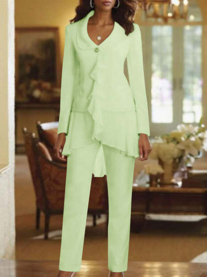 Floor-Length White V-Neck Pantsuit With Long Sleeves and Ruffle for Mother of the Bride