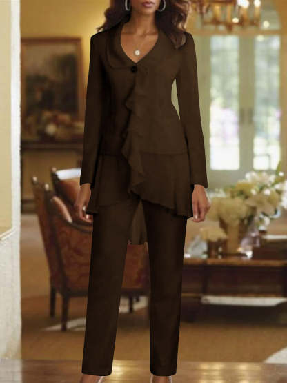 Floor-Length White V-Neck Pantsuit With Long Sleeves and Ruffle for Mother of the Bride